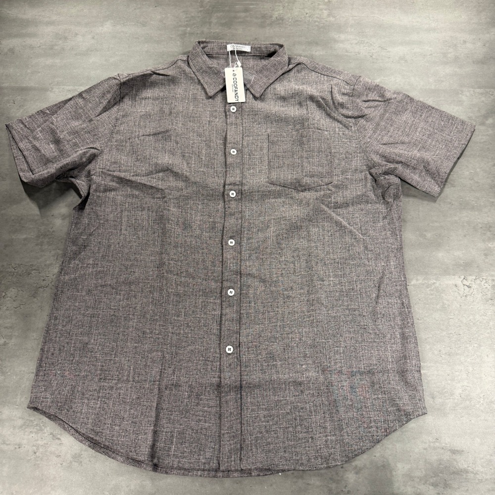 COOFANDY Linen Button Up Shirt Mens L Gray Short Sleeve Rayon Blend NEW Camp